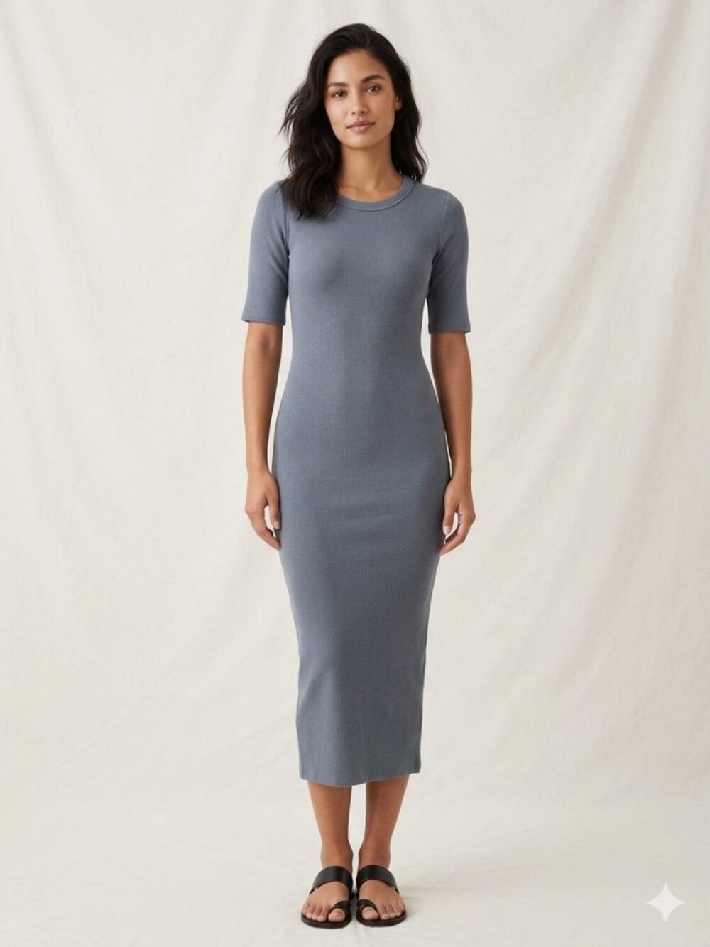 Bohme cotton blend ribbed knit short sleeve slate blue maxi dress, size M